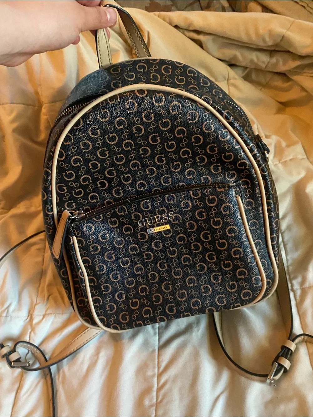 Guess Monogram Mini Backpack in Brown with Cream Trim